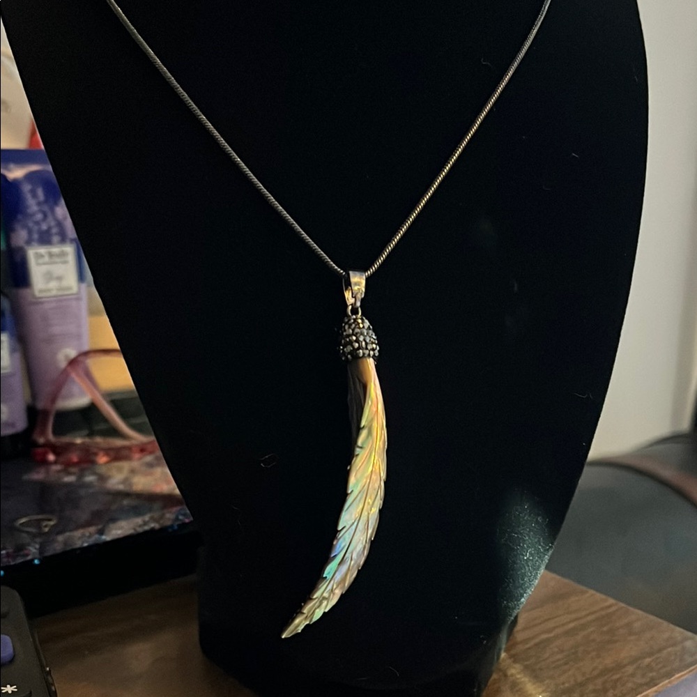 Silver Feather Pendant Necklace with Iridescent Finish